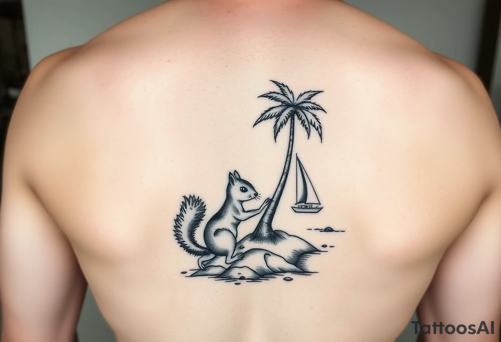 A boy squirrel and a girly squirrel on an island under a palm tree with a sailboat close by tattoo idea