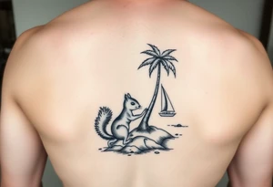 A boy squirrel and a girly squirrel on an island under a palm tree with a sailboat close by tattoo idea