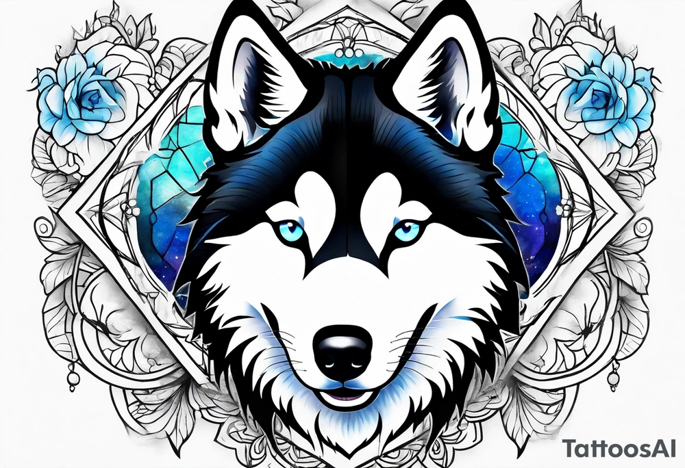 Thigh piece. A black and white Siberian husky with blue eyes. The face should be split in half with one half watercolor and one half geometric. tattoo idea