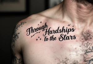 A jet-black serif  “Through Hardships To the Stars”stretches across the collarbone with a constellation in pale gold above it. tattoo idea