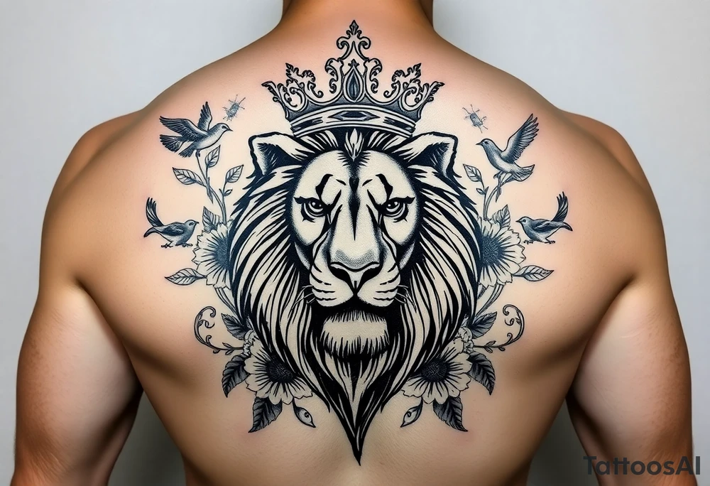 powerful majestic lion with a crown, surrounded by floral ornaments and birds tattoo idea