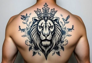 powerful majestic lion with a crown, surrounded by floral ornaments and birds tattoo idea
