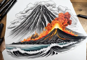 An erupting volcano on left shoulder with a lava flow that flows down the left bicep and across the left pectoral. The flow on the arm will empty into the sea. tattoo idea