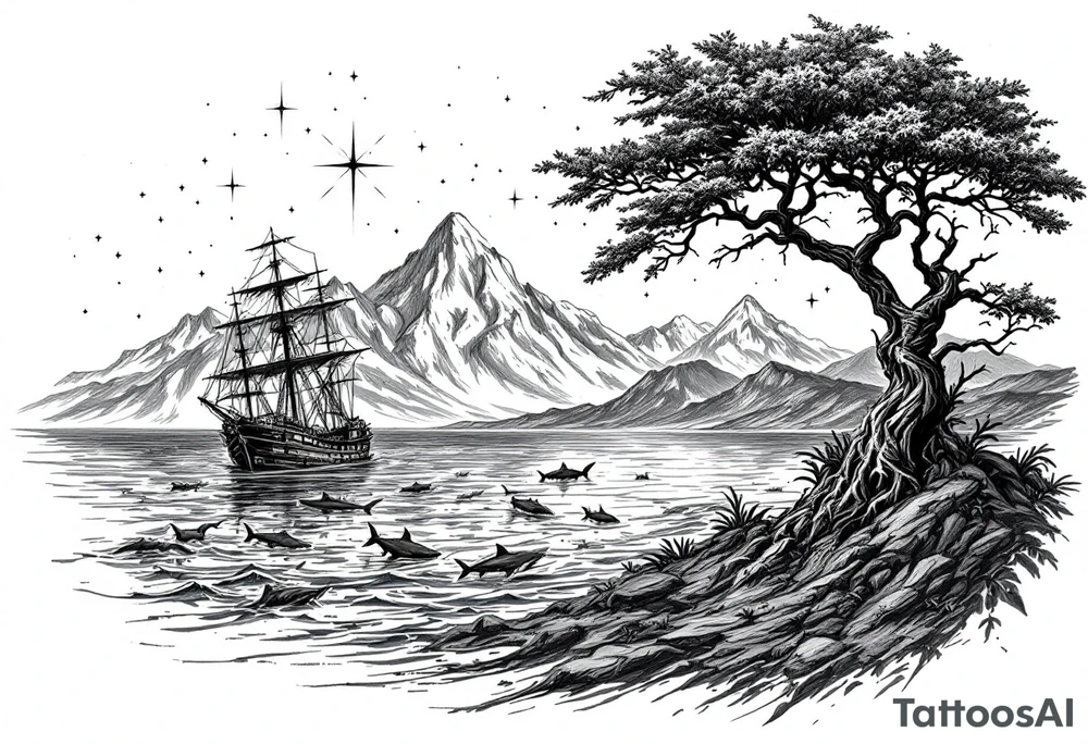tattoo that has an acacia tree with mountains, ocean with a ship wreck with sharks and the northern star tattoo idea