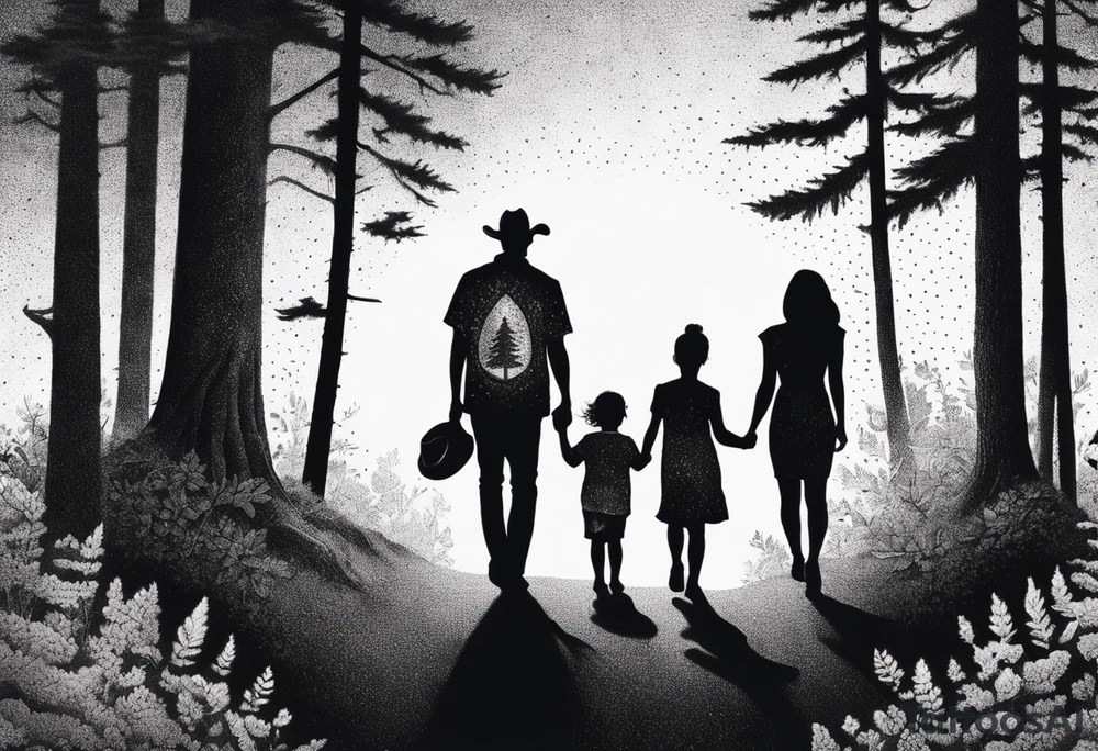 Chicano art . A shadow of a Man and Woman and young son and young daughter  walking through the Pacific Northwest Forrest. Crosses. tattoo idea