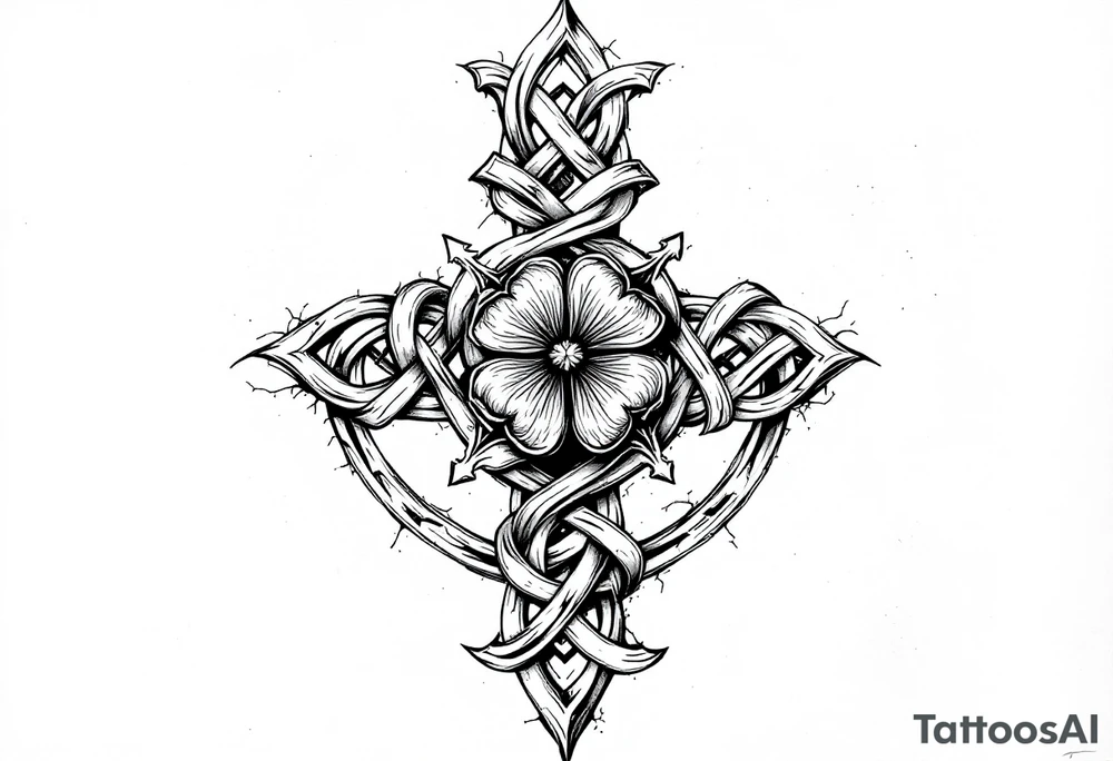 an irish inspired celtic knot piece with a celtic cross with a four leaf clover in the middle tattoo idea