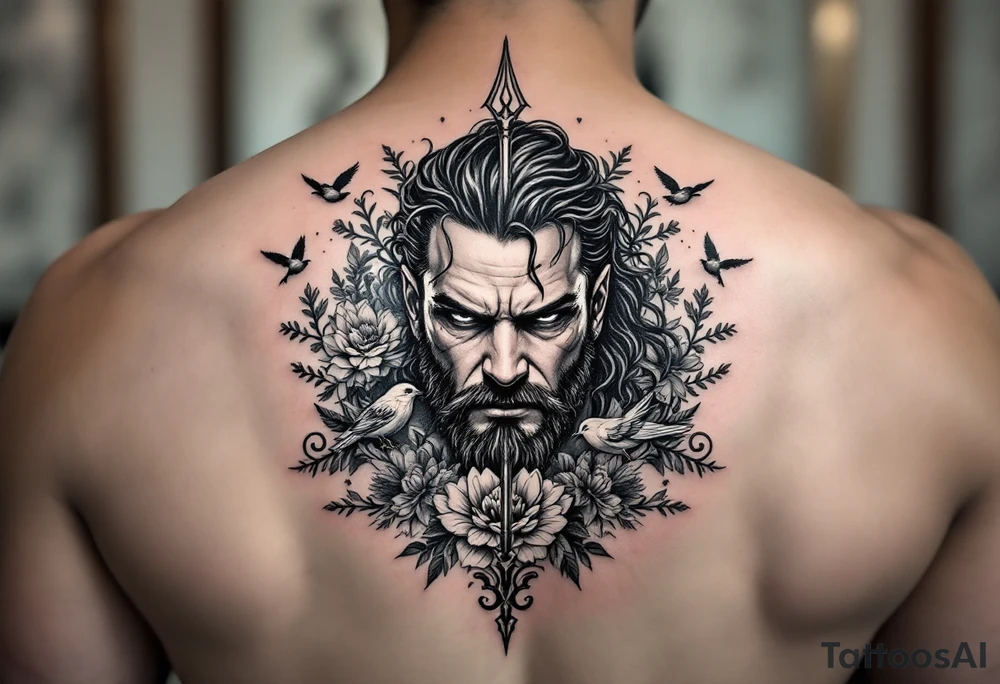 powerful man with a trident, surrounded by floral ornaments and birds tattoo idea