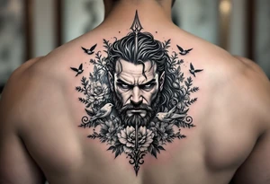powerful man with a trident, surrounded by floral ornaments and birds tattoo idea
