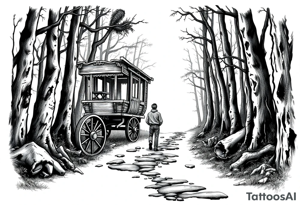 A boy walking up a forest path, DnD inspired, broken down carriage, tavern, glowing tunnel tattoo idea