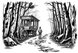 A boy walking up a forest path, DnD inspired, broken down carriage, tavern, glowing tunnel tattoo idea