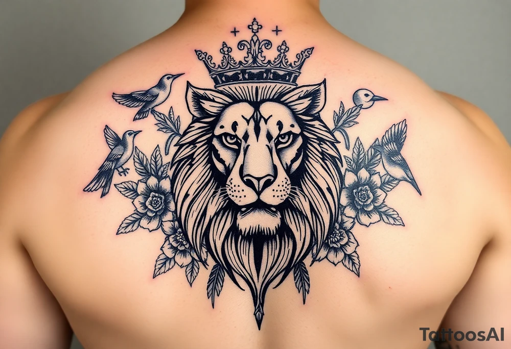 powerful majestic lion with a crown, surrounded by floral ornaments and birds tattoo idea