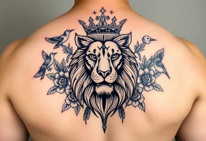 powerful majestic lion with a crown, surrounded by floral ornaments and birds tattoo idea