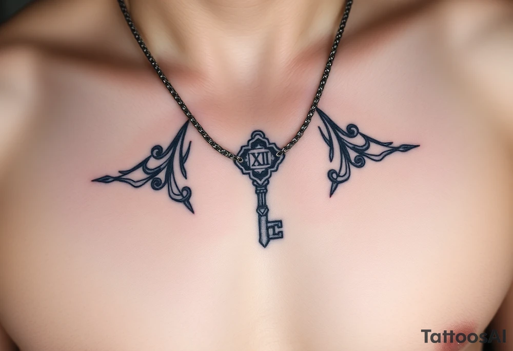 Roman numeral necklace over the top of a key tattoo idea