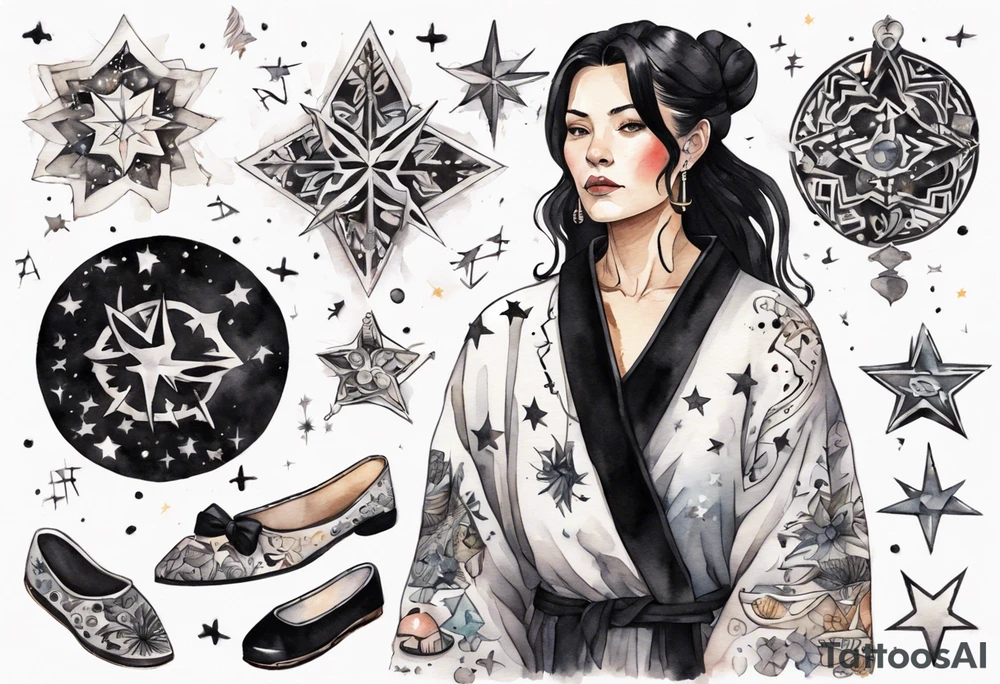 a middle-aged black-haired woman dressed in a black and white Nordic robe, wearing black slippers, surrounded by stars tattoo idea