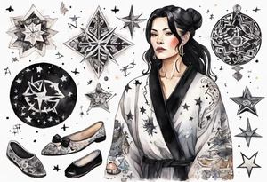 a middle-aged black-haired woman dressed in a black and white Nordic robe, wearing black slippers, surrounded by stars tattoo idea