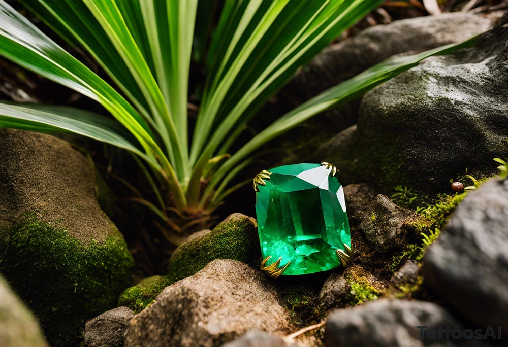 A striking Gachala emerald sits at the base of a tall quindio wax palm, which grows resiliently from cracks in rugged, rocky soil. The emerald is the main focal point, symbolizing strength and endurance, while the wax palm, rooted in the soil’s crevices, represents growth and resilience. A small water stream flows gently from the rocks, adding an element of life and nourishment. tattoo idea