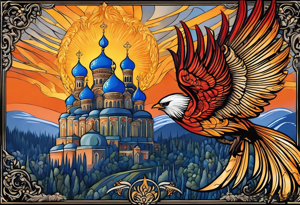 russian firebird in-flight with fancy tail and small onion cap monastery towers in background, with "Isaiah 43: 18-19" tattoo idea