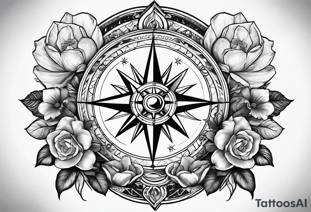 Compass with mountains and moons and flowers like roses or orchids tattoo idea