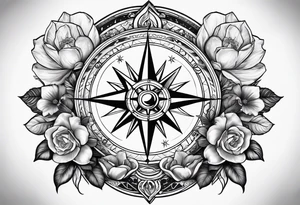 Compass with mountains and moons and flowers like roses or orchids tattoo idea
