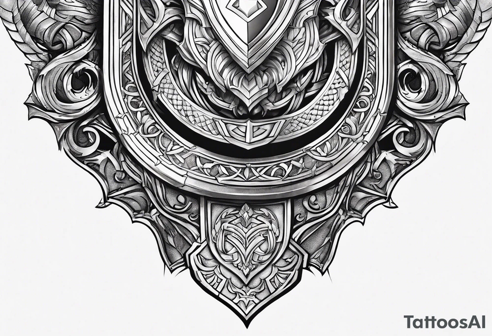 half sleeve, upper arm and shoulder, leather armor.  The crest on the shoulder is an ouroboros tattoo idea