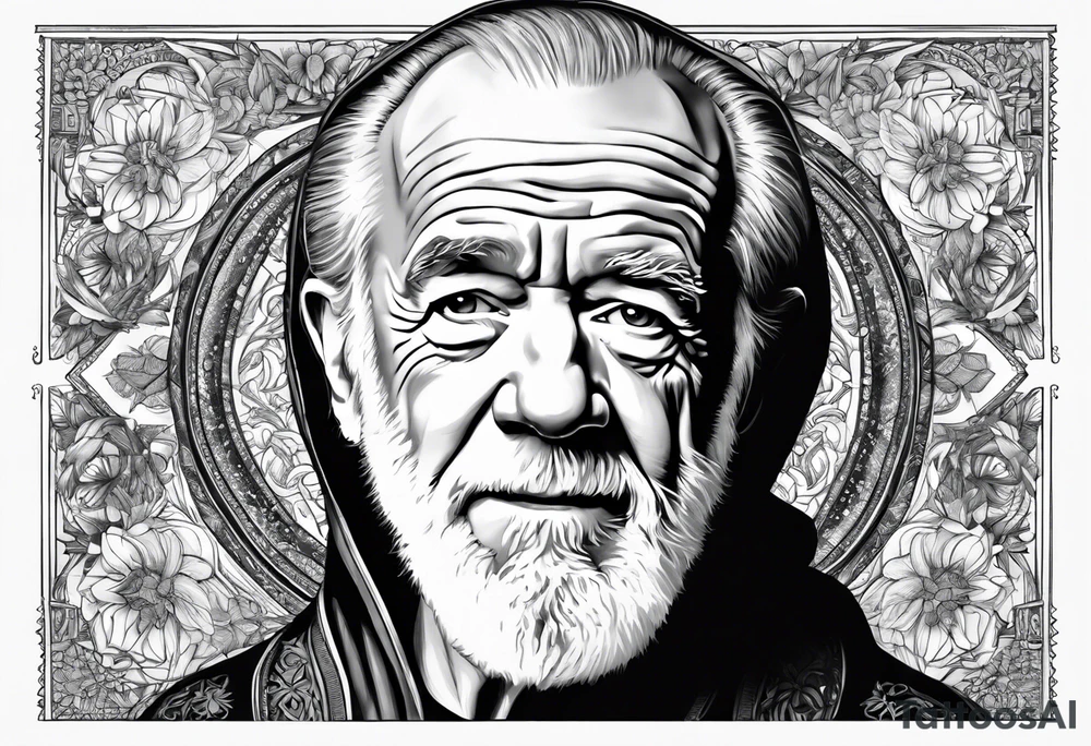 george carlin in religious clothing, full body tattoo idea