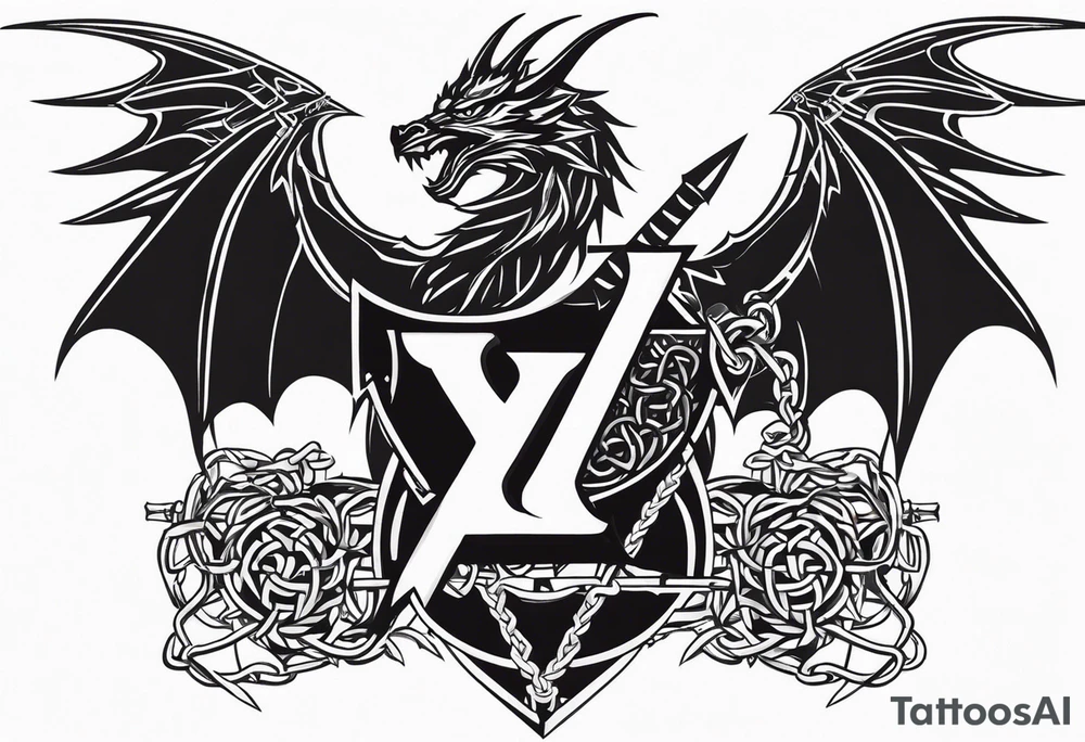 Valhalla sword shield dragon axe Valknut barbed wire chains tattoo idea Valhalla sword shield dragon axe Valknut barbed wire chains tattoo idea