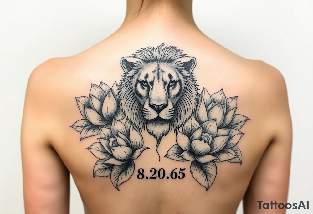lion face as one of the lotus flowers then the rest blooming lotus flowers in mist with the date 8/20/65 tattoo idea