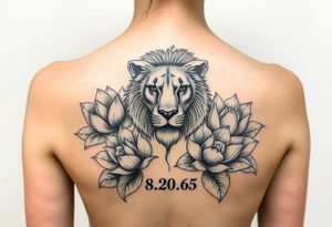lion face as one of the lotus flowers then the rest blooming lotus flowers in mist with the date 8/20/65 tattoo idea