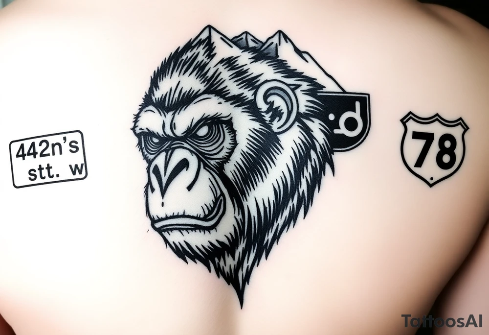 powerful aggressive ape with a street sign on the left that says 42ns st w, a highway sign on the right that says highway 78 and pyramids above the ape’s head that have snow on them. tattoo idea