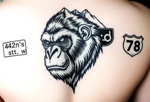 powerful aggressive ape with a street sign on the left that says 42ns st w, a highway sign on the right that says highway 78 and pyramids above the ape’s head that have snow on them. tattoo idea