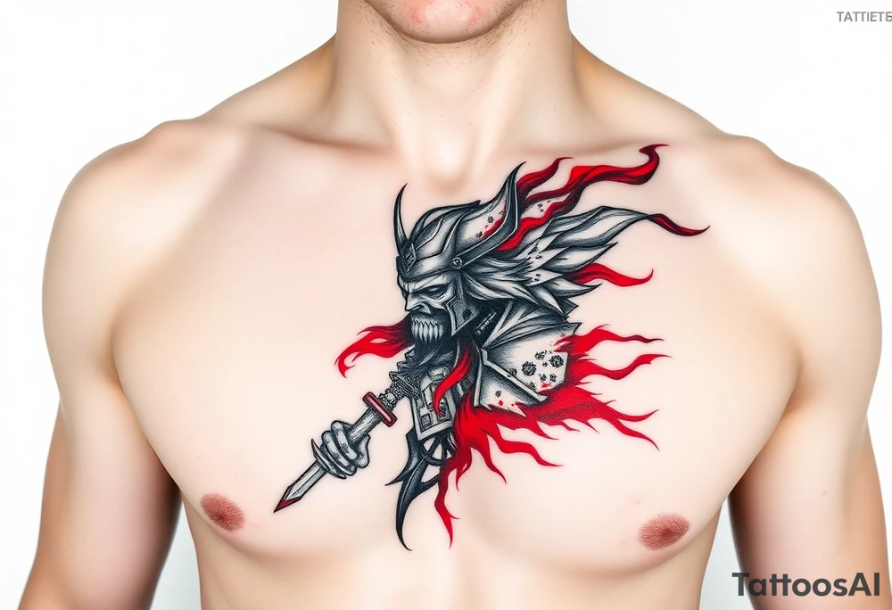 Warrior black and red on left chest male tattoo idea