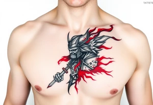 Warrior black and red on left chest male tattoo idea