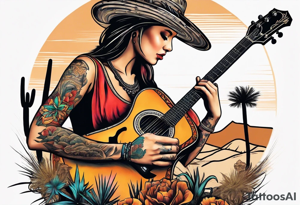Desert scape. Guitar playing. tattoo idea