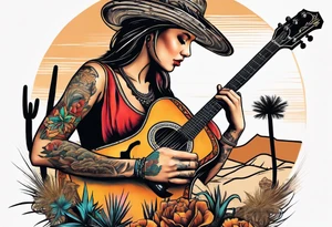 Desert scape. Guitar playing. tattoo idea