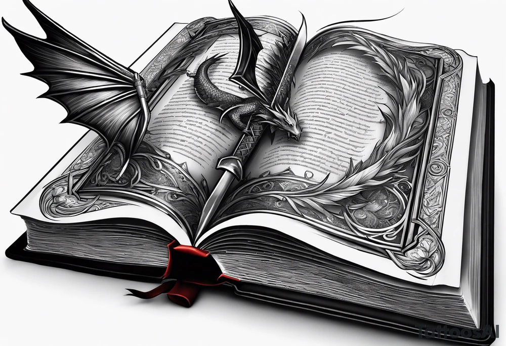 an empty open book with a sword through it, dragonwings and sparks surrounding the book. tattoo idea