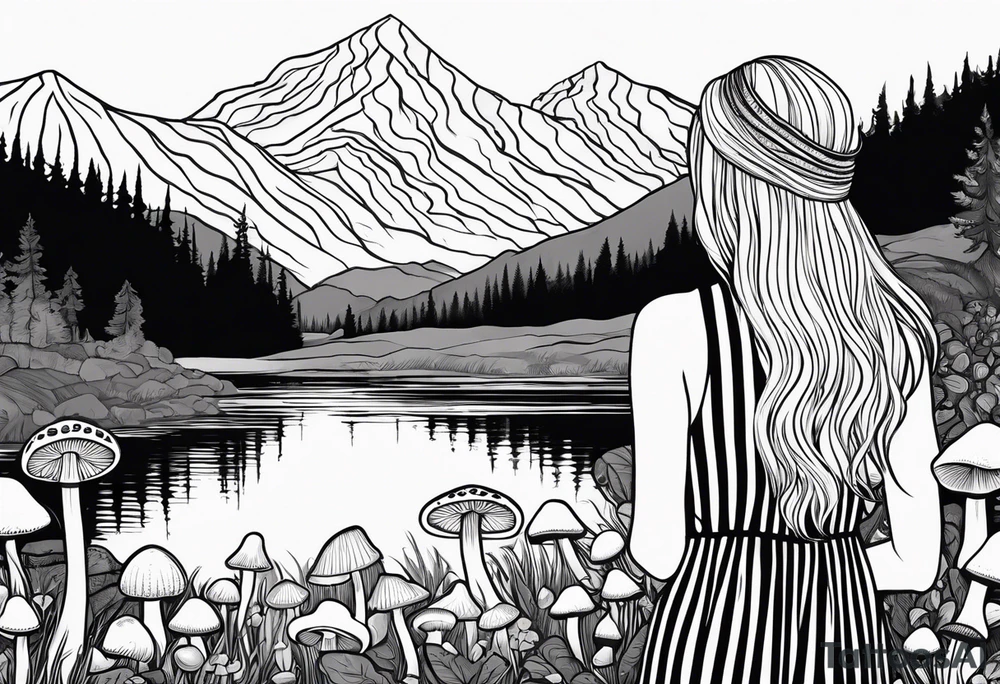 Straight long blonde hair hippie girl in distance holding mushrooms in hand facing away toward mountains and creek surrounded by mushrooms black and white striped dress tattoo idea
