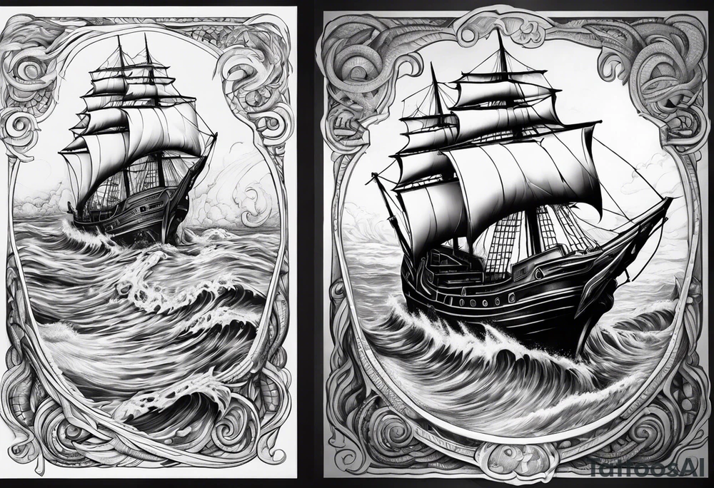 The Kraken coming out of the water and splitting a boat in half. tattoo idea