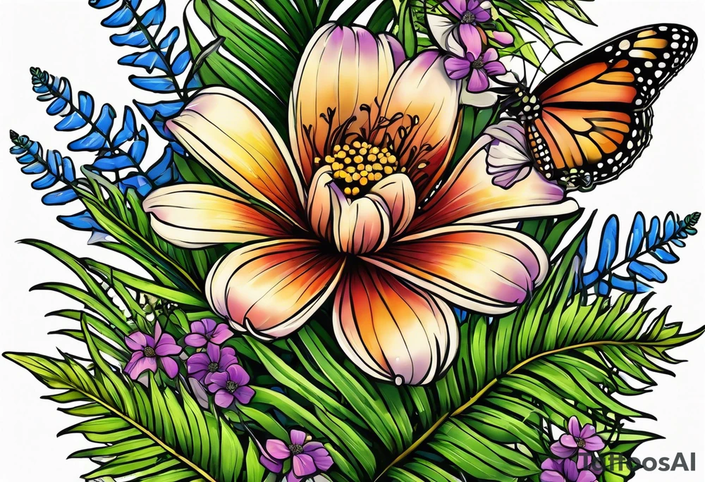 vertical mixed wildflower with ferns and with color tattoo idea