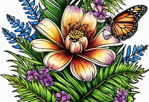 vertical mixed wildflower with ferns and with color tattoo idea