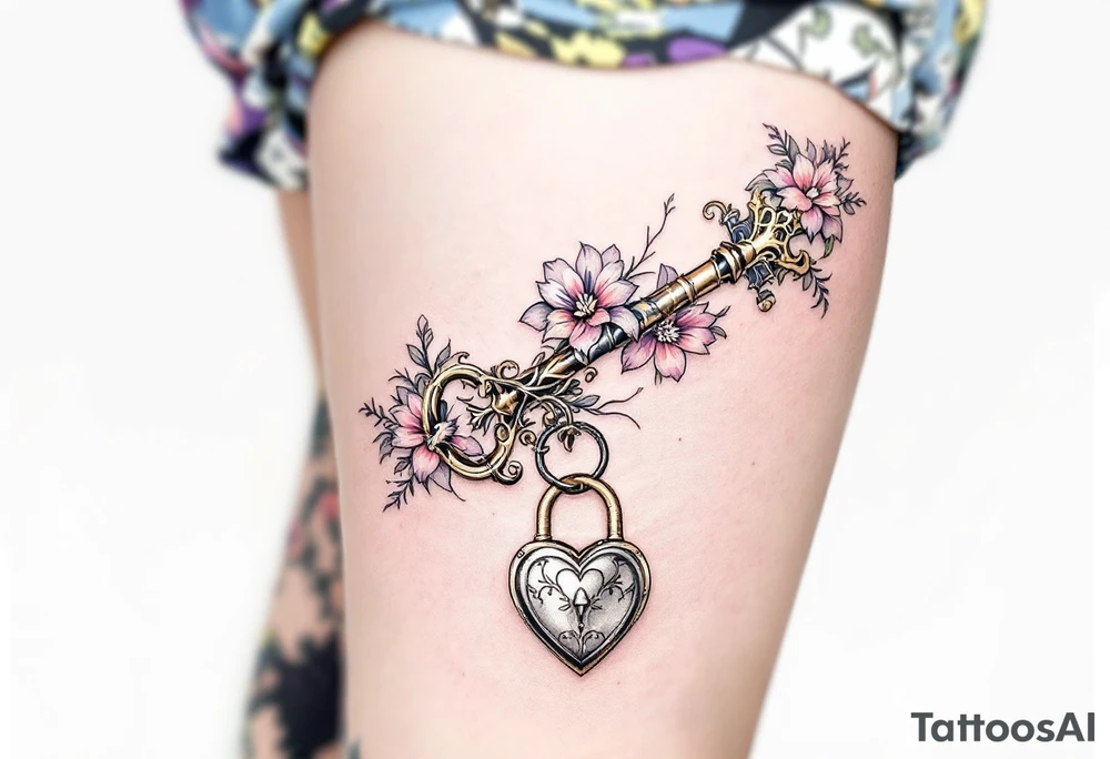 An ornate, vintage key adorned with detailed floral engravings along the shaft and a delicate heart-shaped lock at the base. Soft gold for the key, pastel pink and lavender for the flowers, and a subtle silver lock with hints of white highlights. tattoo idea