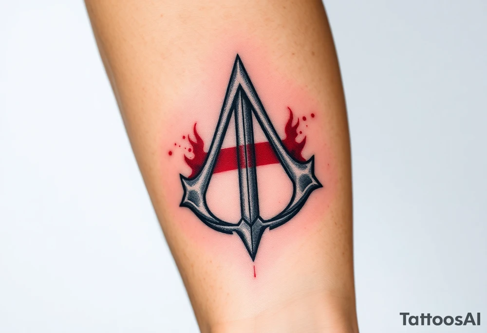Assassins Creed emblem with England flag and sword inside. Blood splashes incorporated into logo. tattoo idea