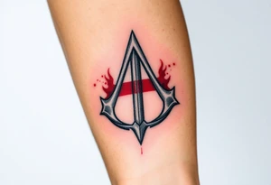 Assassins Creed emblem with England flag and sword inside. Blood splashes incorporated into logo. tattoo idea