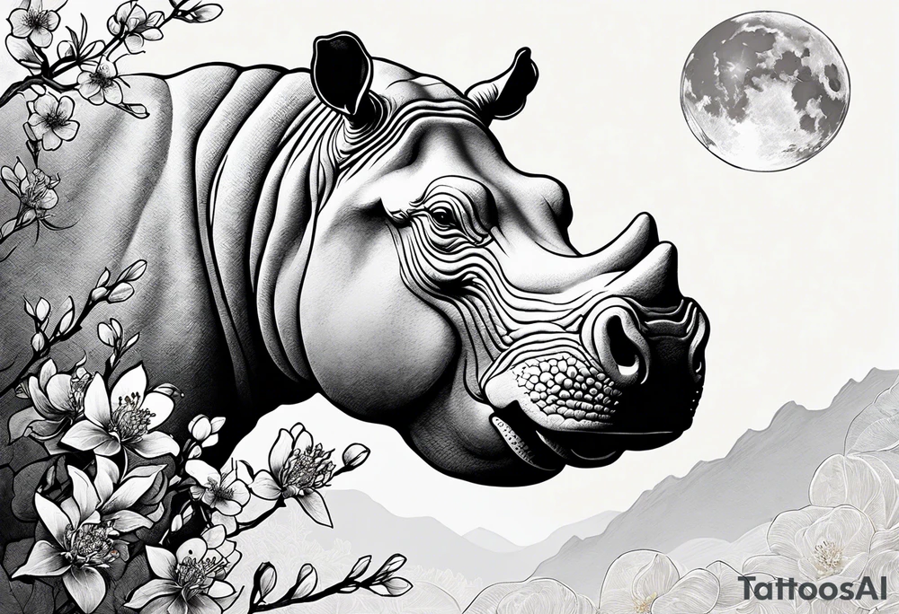 Asymmetrical, geometric, chinese ink art touch, hippo , full moon, wintersweet flower, light tattoo idea