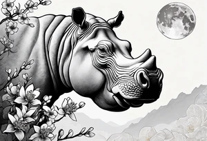 Asymmetrical, geometric, chinese ink art touch, hippo , full moon, wintersweet flower, light tattoo idea