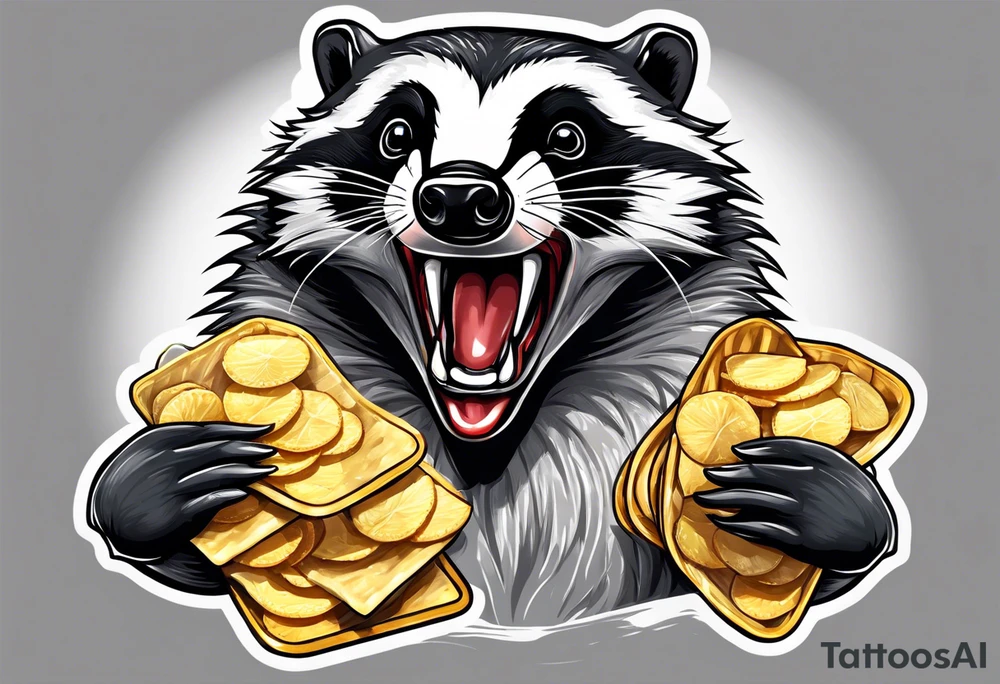 Angry badger with mouth open holding bag of chips tattoo idea