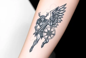 A fierce looking Valkyrie with very big dark wings. The whole body with legs should be visible. 
She's wielding a intricatelly decorated sword and a sturdy shield with a vegvisir symbol. tattoo idea