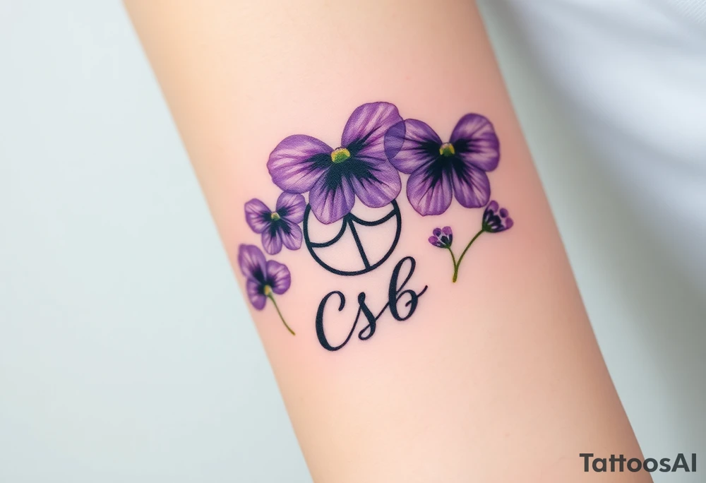 Violets, peace symbol, Pisces symbol, dog prints, amethyst, initials csb in cursive font tattoo idea