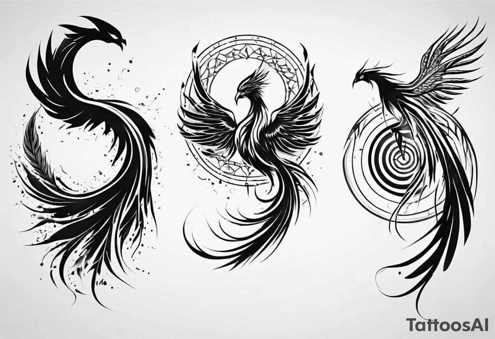 Vertical angry flying Phoenix with wings blending into circles and a long abstract dream catcher feather tail tattoo idea