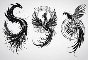 Vertical angry flying Phoenix with wings blending into circles and a long abstract dream catcher feather tail tattoo idea
