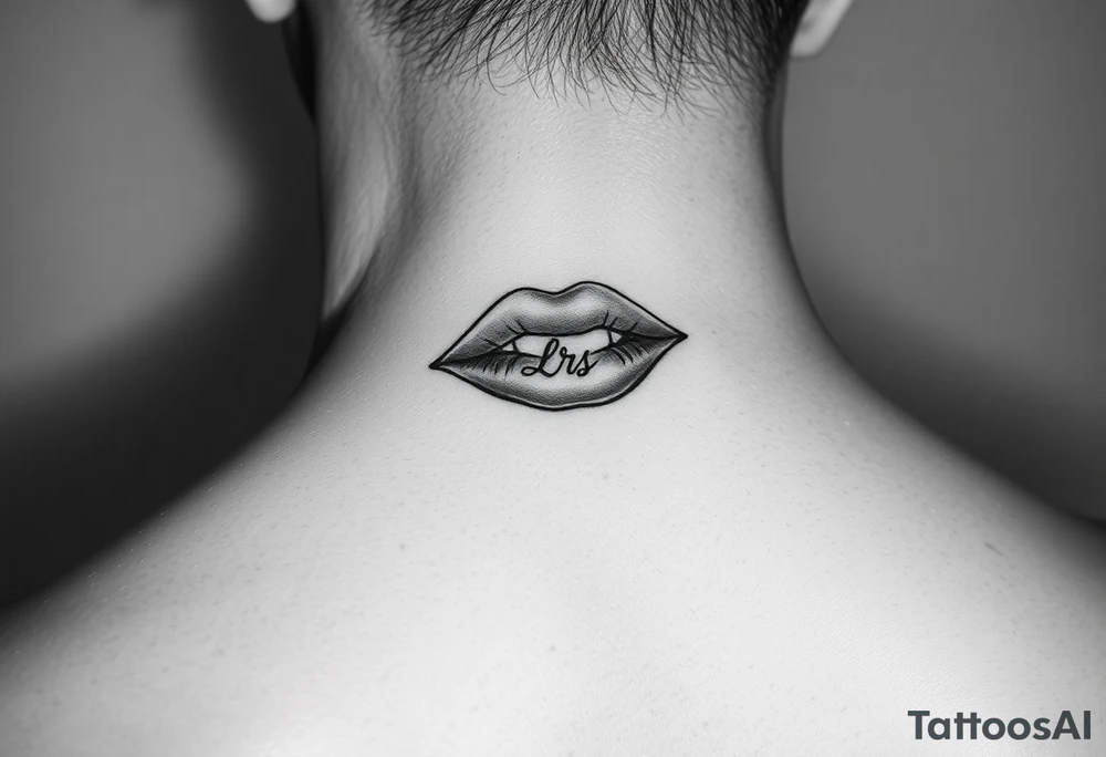 Feminine lip stain tattooed on the neck with the initials lrs beside it tattoo idea
